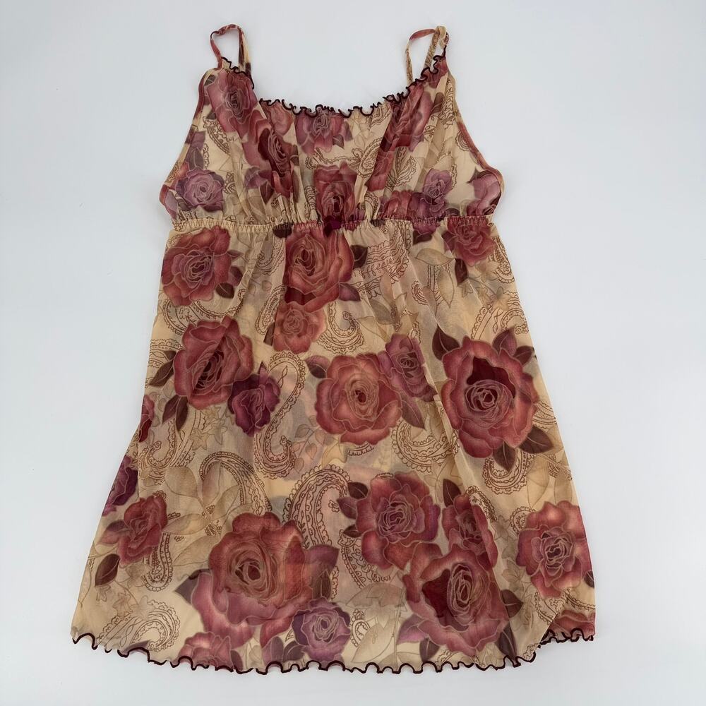 Floral Mesh Slip Dress - Y2K Beige Burgundy Mauve XL